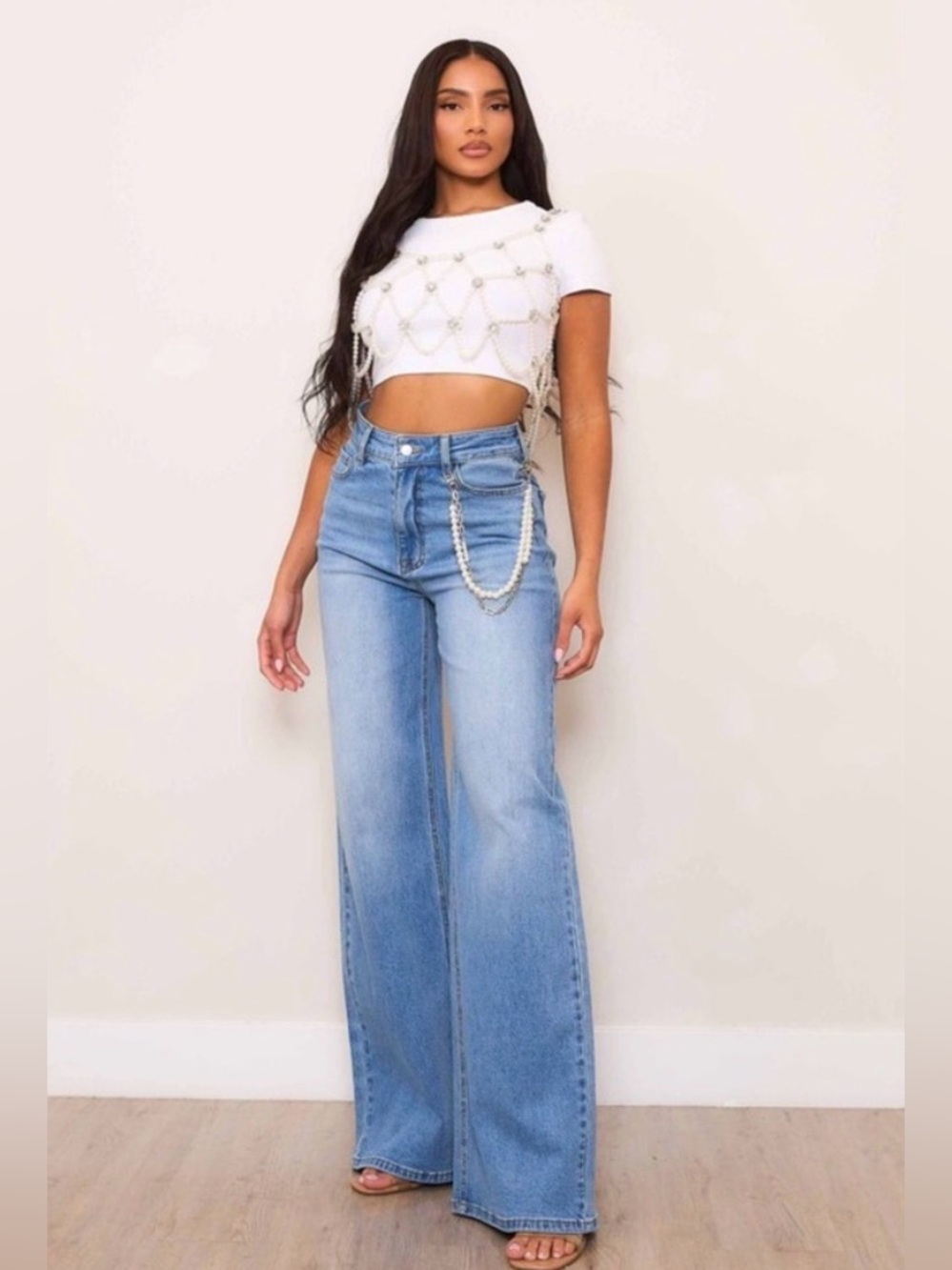 Cotton High Waist Wide Leg Medium Stone Jeans with Pearl Chain Detail Size 13